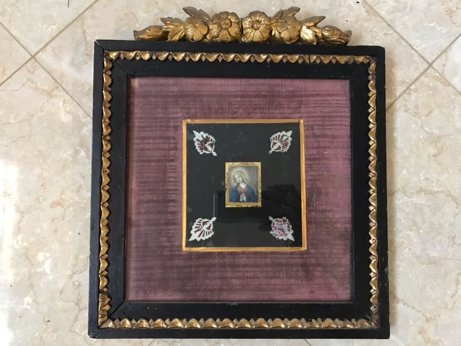 Antique 1745 Reverse Painted Glass Virgin Mary Portrait Signed Virginia Guerr Frame Measures 11.5 X 13 [Photo 15]