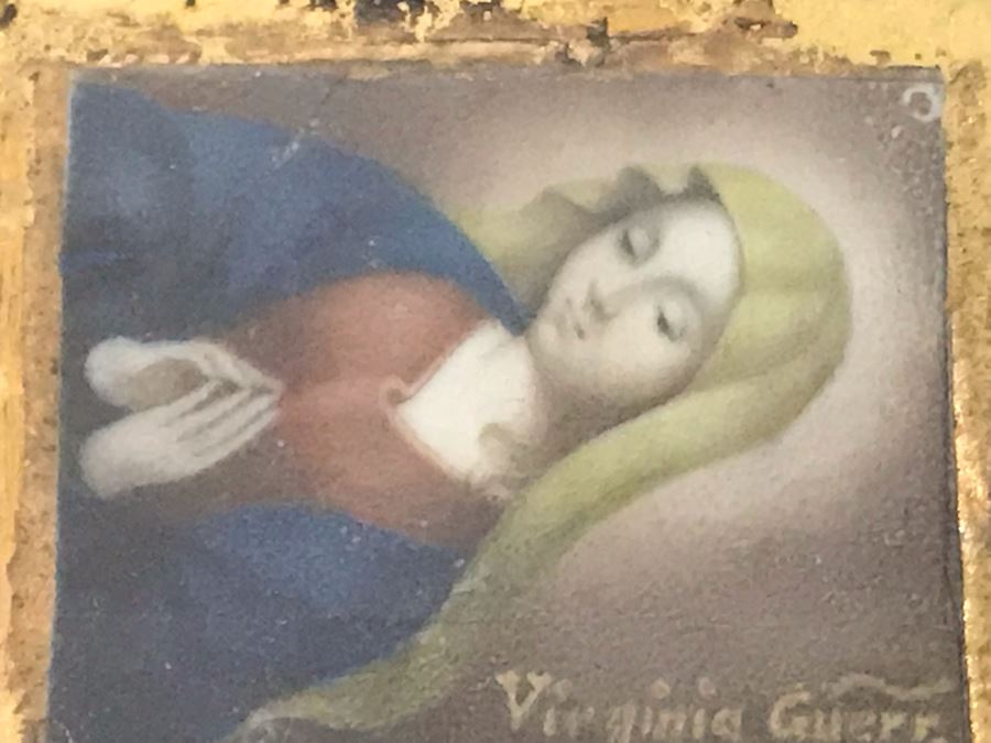 Antique 1745 Reverse Painted Glass Virgin Mary Portrait Signed Virginia Guerr Frame Measures 11.5 X 13 [Photo 11]