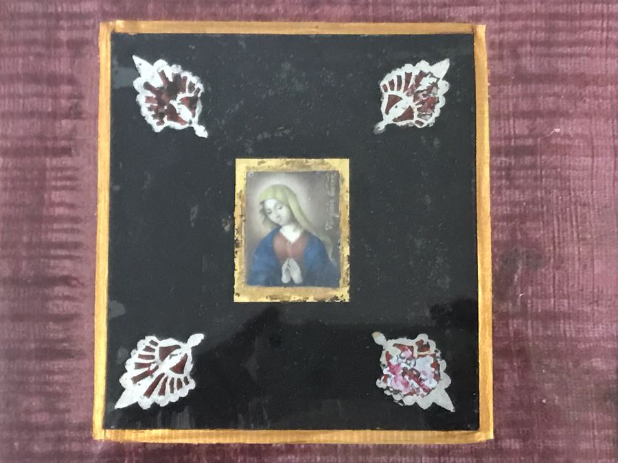 Antique 1745 Reverse Painted Glass Virgin Mary Portrait Signed Virginia Guerr Frame Measures 11.5 X 13 [Photo 3]