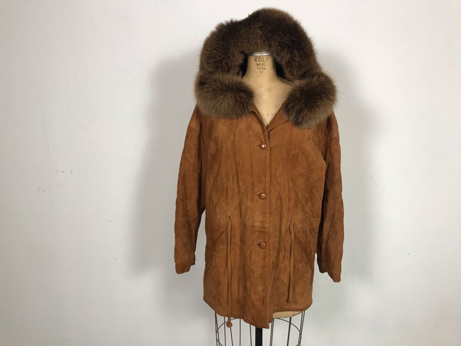 Albanese Roma Italy Suede Leather Jacket With Fur Lined Hood Size 42 [Photo 2]
