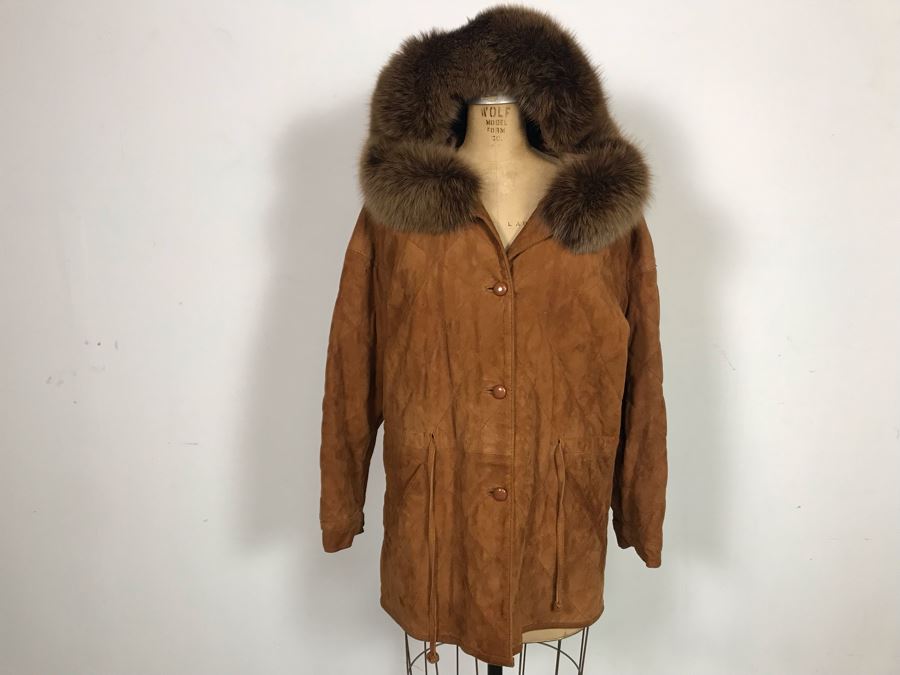Albanese Roma Italy Suede Leather Jacket With Fur Lined Hood Size 42 [Photo 1]
