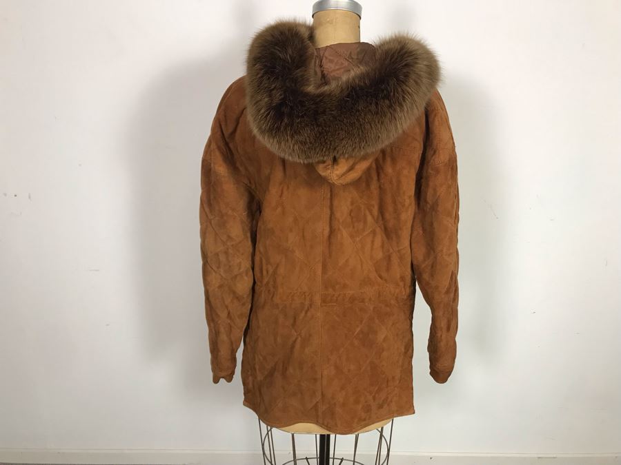 Albanese Roma Italy Suede Leather Jacket With Fur Lined Hood Size 42 [Photo 6]