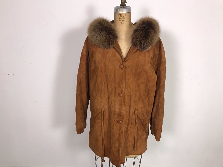 Albanese Roma Italy Suede Leather Jacket With Fur Lined Hood Size 42 [Photo 7]