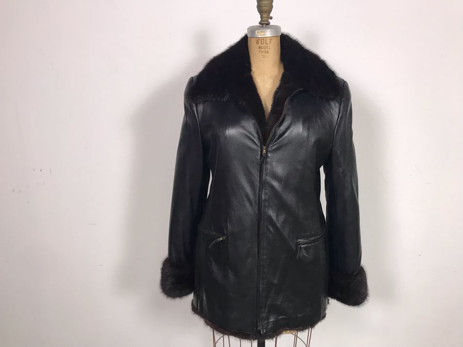 Italian Black Leather Mink Fur Lined Jacket Apx Size 42 [Photo 6]