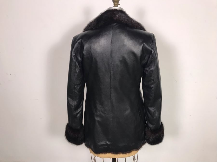 Italian Black Leather Mink Fur Lined Jacket Apx Size 42 [Photo 10]