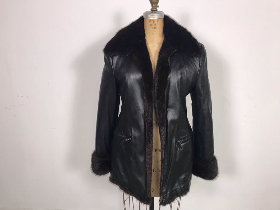 Italian Black Leather Mink Fur Lined Jacket Apx Size 42 [Photo 2]