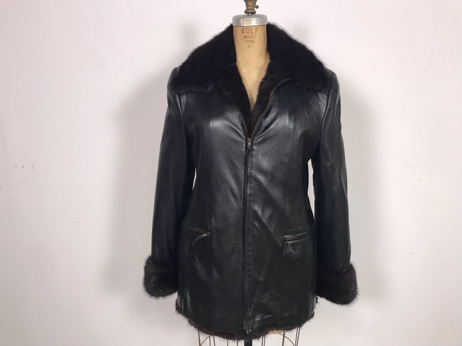 Italian Black Leather Mink Fur Lined Jacket Apx Size 42 [Photo 7]