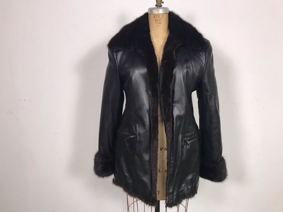 Italian Black Leather Mink Fur Lined Jacket Apx Size 42 [Photo 1]