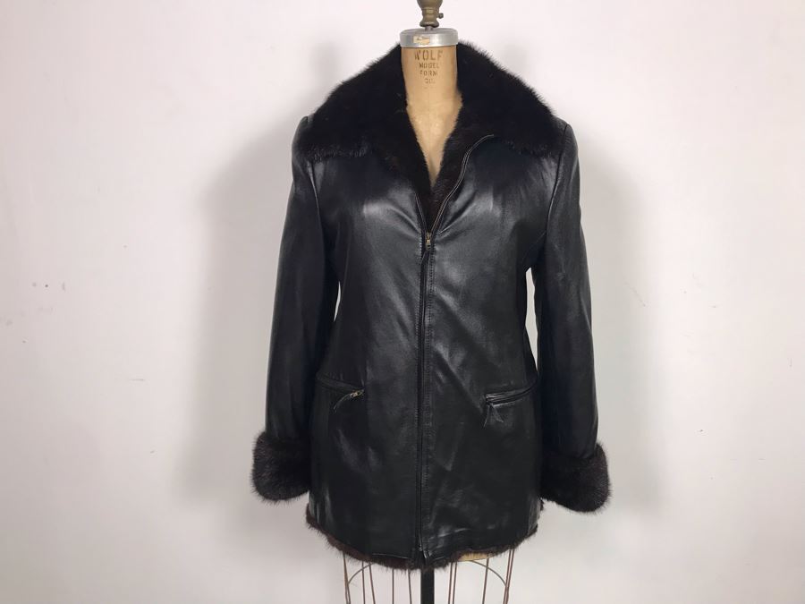 Italian Black Leather Mink Fur Lined Jacket Apx Size 42 [Photo 8]