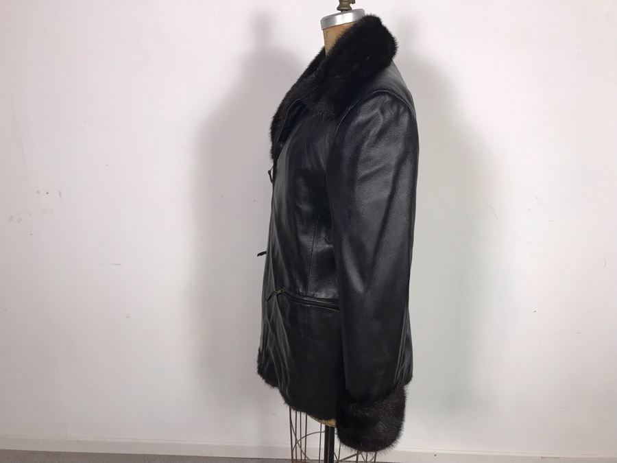 Italian Black Leather Mink Fur Lined Jacket Apx Size 42 [Photo 12]