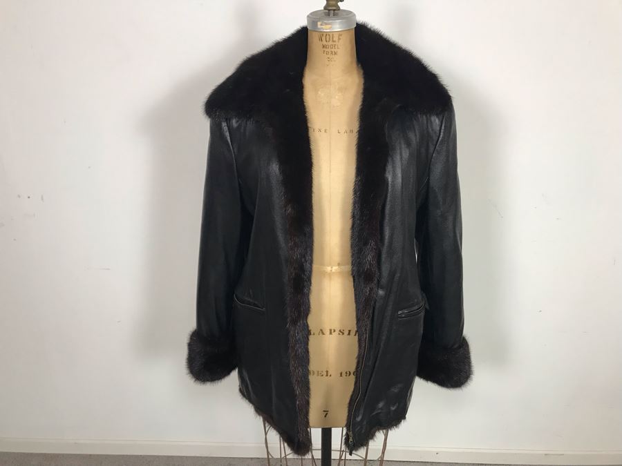 Italian Black Leather Mink Fur Lined Jacket Apx Size 42 [Photo 3]