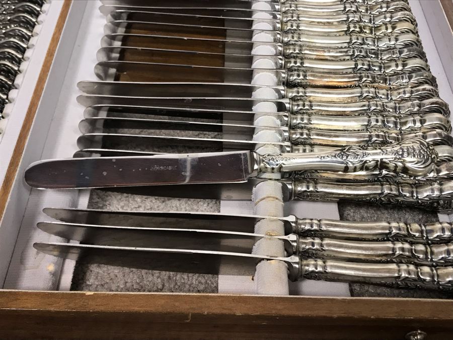 MASSIVE Vintage Italian 800 Silver Flatware Set W/ Serving Pieces Hallmarked 72 PA Palermo Italy A.P.I.S. Silversmith W/ Impressive Olive Wood Silverware Chest With 4 Sliding Drawers (52.6LBS W/ Box - Apx 20Lbs 800 Silver) - See Photos - Has Reserve Price [Photo 33]