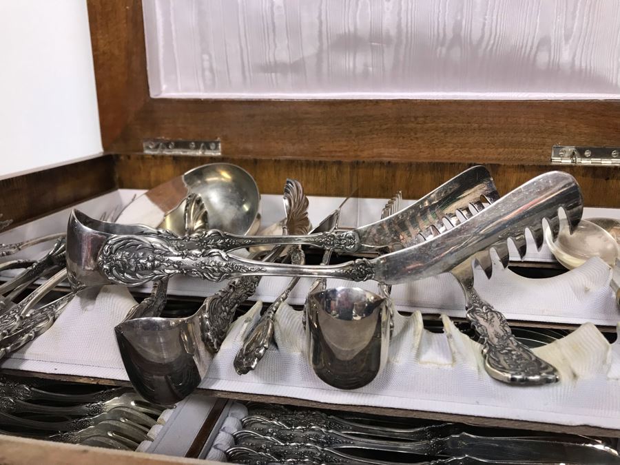 MASSIVE Vintage Italian 800 Silver Flatware Set W/ Serving Pieces Hallmarked 72 PA Palermo Italy A.P.I.S. Silversmith W/ Impressive Olive Wood Silverware Chest With 4 Sliding Drawers (52.6LBS W/ Box - Apx 20Lbs 800 Silver) - See Photos - Has Reserve Price [Photo 55]