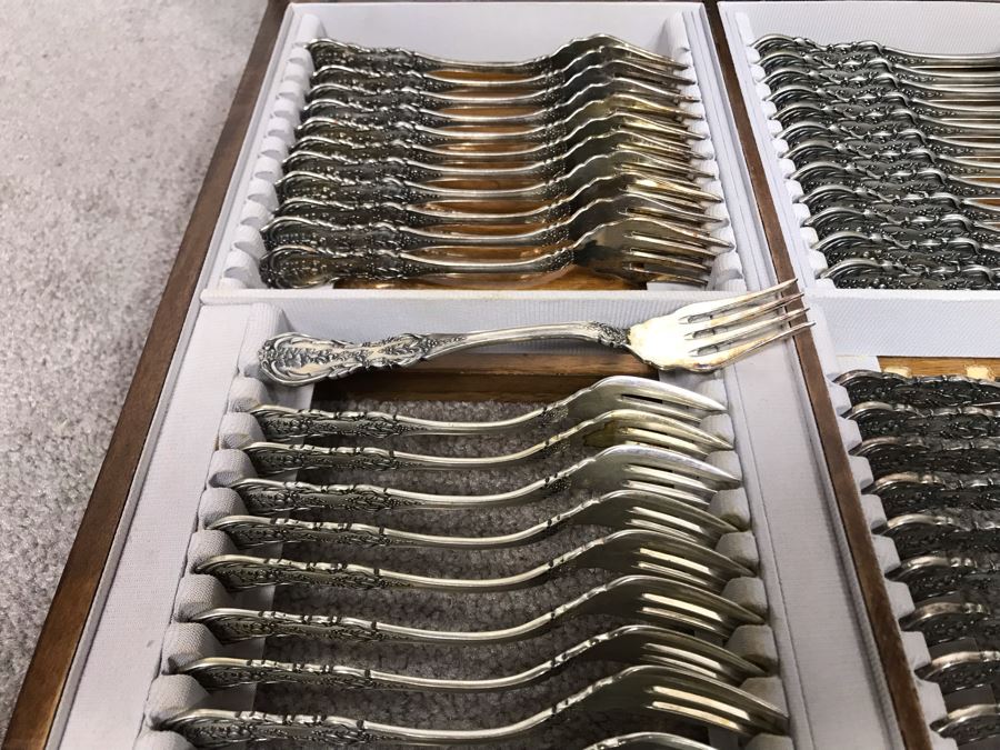 MASSIVE Vintage Italian 800 Silver Flatware Set W/ Serving Pieces Hallmarked 72 PA Palermo Italy A.P.I.S. Silversmith W/ Impressive Olive Wood Silverware Chest With 4 Sliding Drawers (52.6LBS W/ Box - Apx 20Lbs 800 Silver) - See Photos - Has Reserve Price [Photo 42]