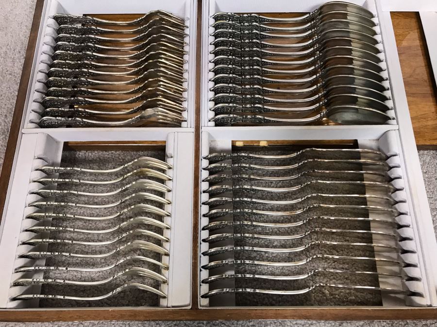 MASSIVE Vintage Italian 800 Silver Flatware Set W/ Serving Pieces Hallmarked 72 PA Palermo Italy A.P.I.S. Silversmith W/ Impressive Olive Wood Silverware Chest With 4 Sliding Drawers (52.6LBS W/ Box - Apx 20Lbs 800 Silver) - See Photos - Has Reserve Price [Photo 35]