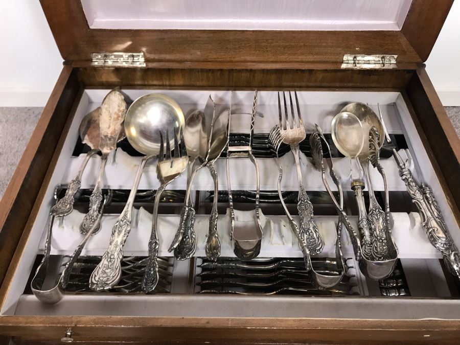 MASSIVE Vintage Italian 800 Silver Flatware Set W/ Serving Pieces Hallmarked 72 PA Palermo Italy A.P.I.S. Silversmith W/ Impressive Olive Wood Silverware Chest With 4 Sliding Drawers (52.6LBS W/ Box - Apx 20Lbs 800 Silver) - See Photos - Has Reserve Price [Photo 44]