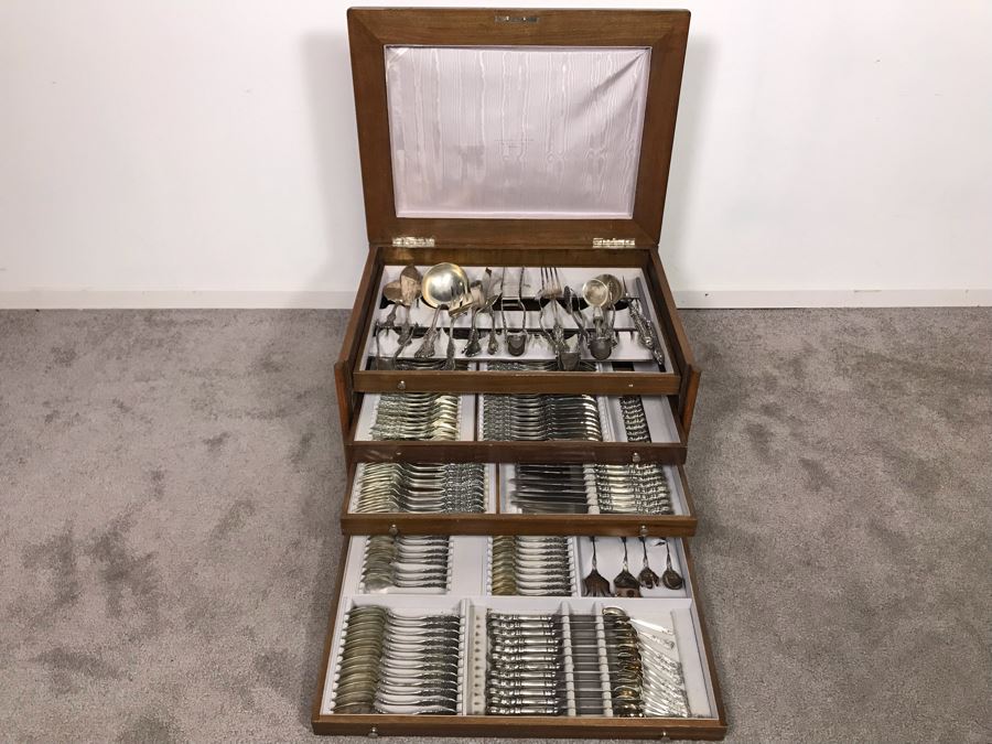 MASSIVE Vintage Italian 800 Silver Flatware Set W/ Serving Pieces Hallmarked 72 PA Palermo Italy A.P.I.S. Silversmith W/ Impressive Olive Wood Silverware Chest With 4 Sliding Drawers (52.6LBS W/ Box - Apx 20Lbs 800 Silver) - See Photos - Has Reserve Price [Photo 2]