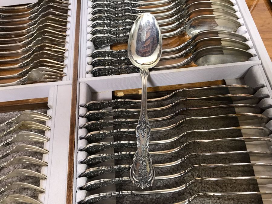 MASSIVE Vintage Italian 800 Silver Flatware Set W/ Serving Pieces Hallmarked 72 PA Palermo Italy A.P.I.S. Silversmith W/ Impressive Olive Wood Silverware Chest With 4 Sliding Drawers (52.6LBS W/ Box - Apx 20Lbs 800 Silver) - See Photos - Has Reserve Price [Photo 40]