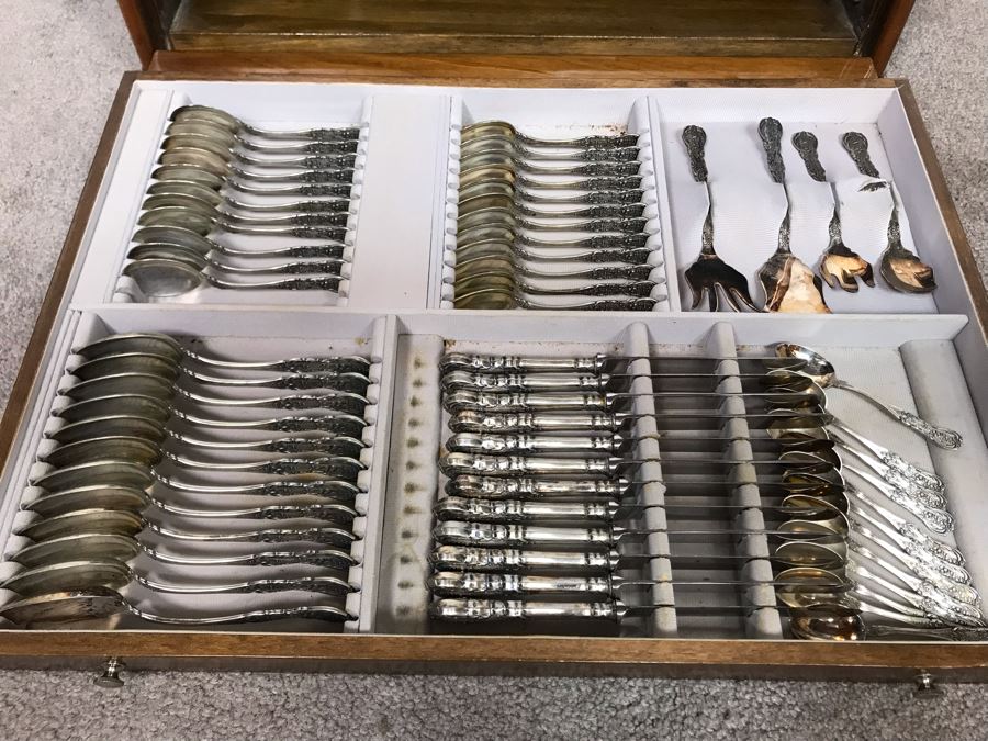 MASSIVE Vintage Italian 800 Silver Flatware Set W/ Serving Pieces Hallmarked 72 PA Palermo Italy A.P.I.S. Silversmith W/ Impressive Olive Wood Silverware Chest With 4 Sliding Drawers (52.6LBS W/ Box - Apx 20Lbs 800 Silver) - See Photos - Has Reserve Price [Photo 11]