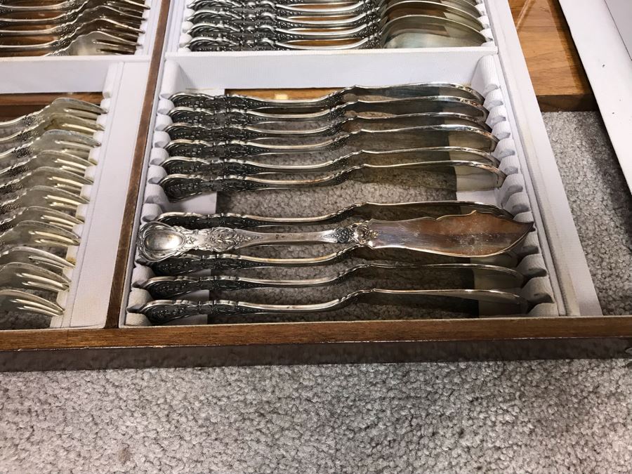 MASSIVE Vintage Italian 800 Silver Flatware Set W/ Serving Pieces Hallmarked 72 PA Palermo Italy A.P.I.S. Silversmith W/ Impressive Olive Wood Silverware Chest With 4 Sliding Drawers (52.6LBS W/ Box - Apx 20Lbs 800 Silver) - See Photos - Has Reserve Price [Photo 37]