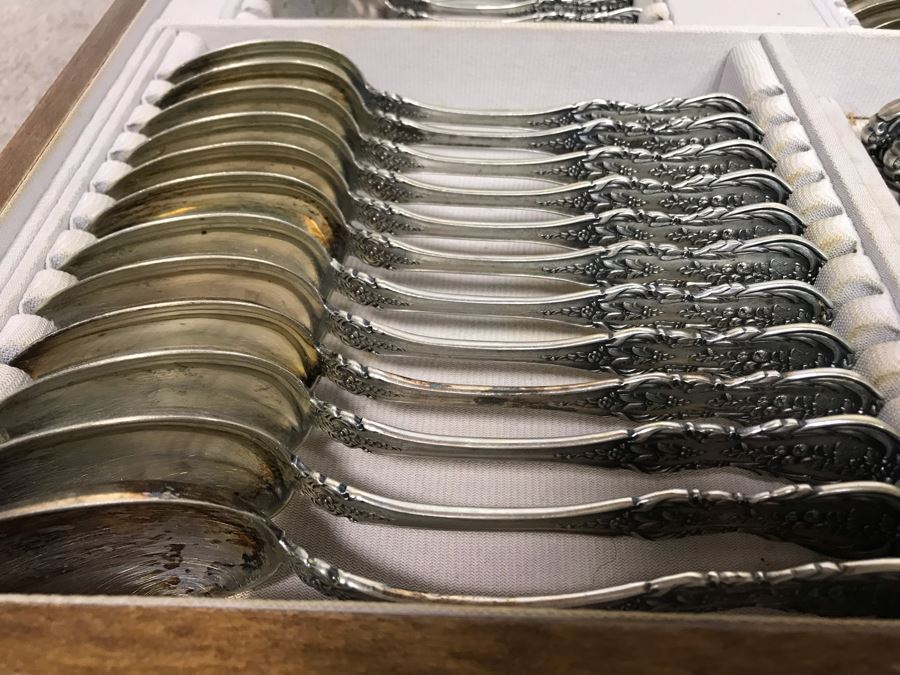 MASSIVE Vintage Italian 800 Silver Flatware Set W/ Serving Pieces Hallmarked 72 PA Palermo Italy A.P.I.S. Silversmith W/ Impressive Olive Wood Silverware Chest With 4 Sliding Drawers (52.6LBS W/ Box - Apx 20Lbs 800 Silver) - See Photos - Has Reserve Price [Photo 12]