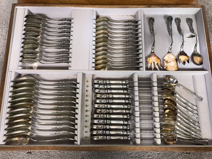 MASSIVE Vintage Italian 800 Silver Flatware Set W/ Serving Pieces Hallmarked 72 PA Palermo Italy A.P.I.S. Silversmith W/ Impressive Olive Wood Silverware Chest With 4 Sliding Drawers (52.6LBS W/ Box - Apx 20Lbs 800 Silver) - See Photos - Has Reserve Price [Photo 10]