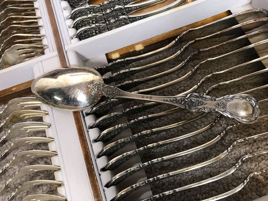MASSIVE Vintage Italian 800 Silver Flatware Set W/ Serving Pieces Hallmarked 72 PA Palermo Italy A.P.I.S. Silversmith W/ Impressive Olive Wood Silverware Chest With 4 Sliding Drawers (52.6LBS W/ Box - Apx 20Lbs 800 Silver) - See Photos - Has Reserve Price [Photo 41]