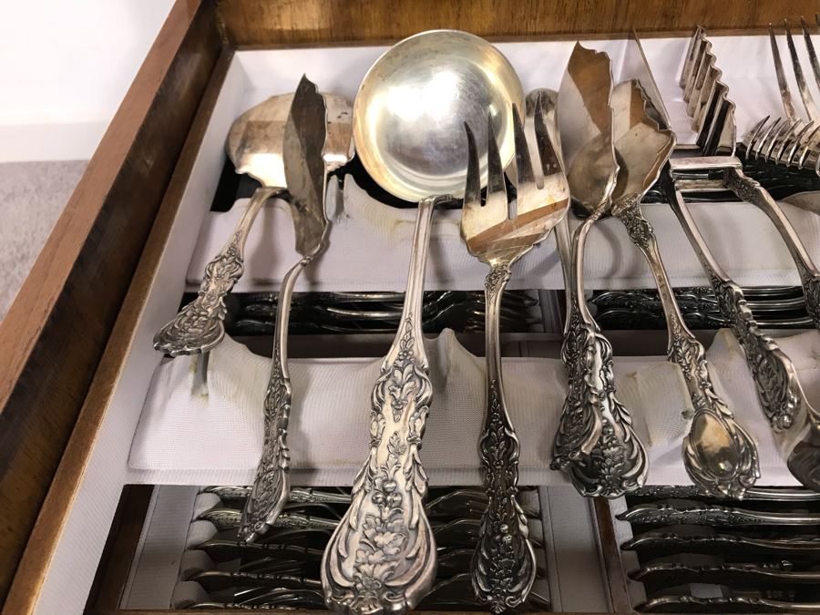 MASSIVE Vintage Italian 800 Silver Flatware Set W/ Serving Pieces Hallmarked 72 PA Palermo Italy A.P.I.S. Silversmith W/ Impressive Olive Wood Silverware Chest With 4 Sliding Drawers (52.6LBS W/ Box - Apx 20Lbs 800 Silver) - See Photos - Has Reserve Price [Photo 50]