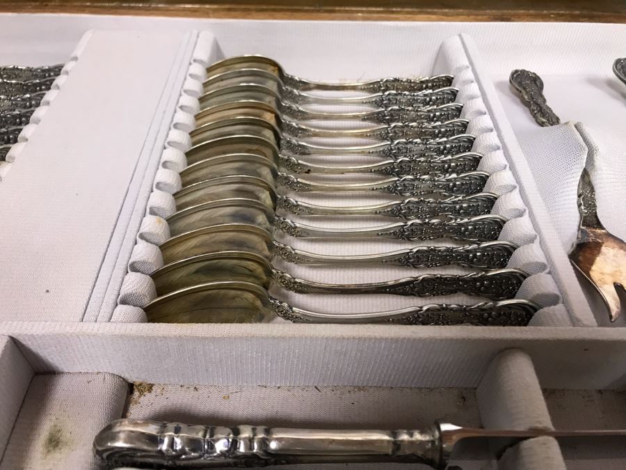 MASSIVE Vintage Italian 800 Silver Flatware Set W/ Serving Pieces Hallmarked 72 PA Palermo Italy A.P.I.S. Silversmith W/ Impressive Olive Wood Silverware Chest With 4 Sliding Drawers (52.6LBS W/ Box - Apx 20Lbs 800 Silver) - See Photos - Has Reserve Price [Photo 14]