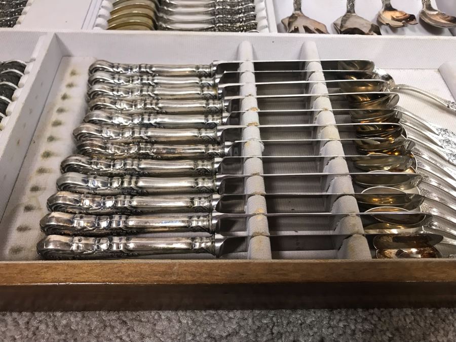 MASSIVE Vintage Italian 800 Silver Flatware Set W/ Serving Pieces Hallmarked 72 PA Palermo Italy A.P.I.S. Silversmith W/ Impressive Olive Wood Silverware Chest With 4 Sliding Drawers (52.6LBS W/ Box - Apx 20Lbs 800 Silver) - See Photos - Has Reserve Price [Photo 17]
