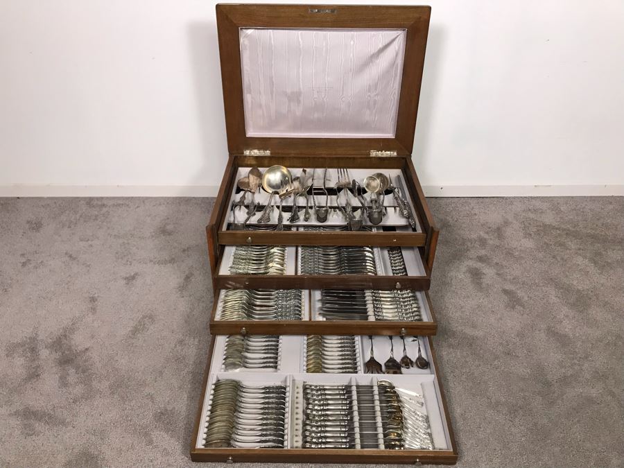 MASSIVE Vintage Italian 800 Silver Flatware Set W/ Serving Pieces Hallmarked 72 PA Palermo Italy A.P.I.S. Silversmith W/ Impressive Olive Wood Silverware Chest With 4 Sliding Drawers (52.6LBS W/ Box - Apx 20Lbs 800 Silver) - See Photos - Has Reserve Price [Photo 1]