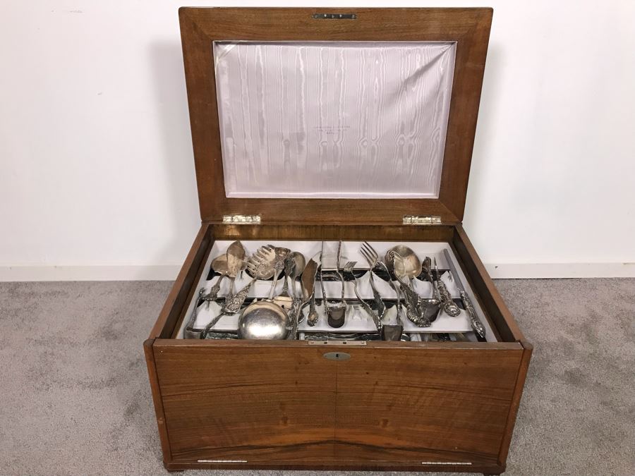 MASSIVE Vintage Italian 800 Silver Flatware Set W/ Serving Pieces Hallmarked 72 PA Palermo Italy A.P.I.S. Silversmith W/ Impressive Olive Wood Silverware Chest With 4 Sliding Drawers (52.6LBS W/ Box - Apx 20Lbs 800 Silver) - See Photos - Has Reserve Price [Photo 5]