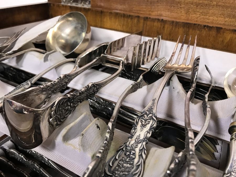 MASSIVE Vintage Italian 800 Silver Flatware Set W/ Serving Pieces Hallmarked 72 PA Palermo Italy A.P.I.S. Silversmith W/ Impressive Olive Wood Silverware Chest With 4 Sliding Drawers (52.6LBS W/ Box - Apx 20Lbs 800 Silver) - See Photos - Has Reserve Price [Photo 53]