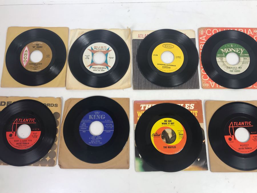 Vintage 45 Records Including The Beatles We Can Work It Out Day Tripper With Jacket, Aretha Franklin Respect, James Brown, Dean And Jean, Donovan, Ramsey Lewis Trio - See Photos [Photo 2]