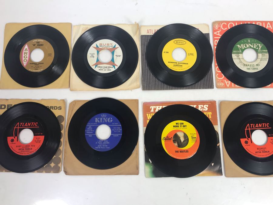 Vintage 45 Records Including The Beatles We Can Work It Out Day Tripper With Jacket, Aretha Franklin Respect, James Brown, Dean And Jean, Donovan, Ramsey Lewis Trio - See Photos [Photo 5]