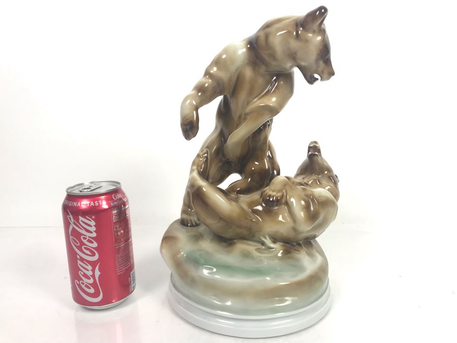 Zsolnay Pecs Made In Hungary Hand Painted Bears Fighting Large Porcelain Figurine Signed 1911 Béla Markup 9W X 12H
