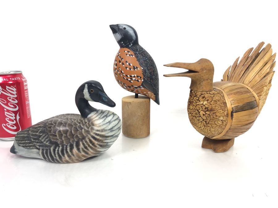 Set Of Three Wooden Handmade Bird Sculptures Figurines Duck Decoy