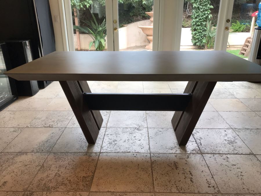 Bonham Dining Table For The Industrial Home Acutely Angled With Reclaimed French Oak Legs, Steel Stretcher And Smooth Grey Concrete Top With Beveled Edge 78W X 41D X 30H Retails $2,500 [Photo 4]