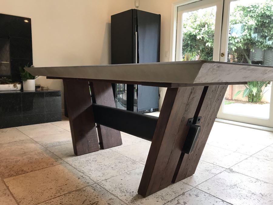 Bonham Dining Table For The Industrial Home Acutely Angled With Reclaimed French Oak Legs, Steel Stretcher And Smooth Grey Concrete Top With Beveled Edge 78W X 41D X 30H Retails $2,500 [Photo 11]