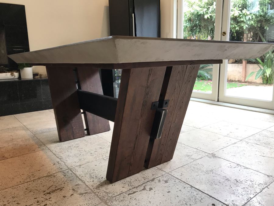 Bonham Dining Table For The Industrial Home Acutely Angled With Reclaimed French Oak Legs, Steel Stretcher And Smooth Grey Concrete Top With Beveled Edge 78W X 41D X 30H Retails $2,500 [Photo 12]