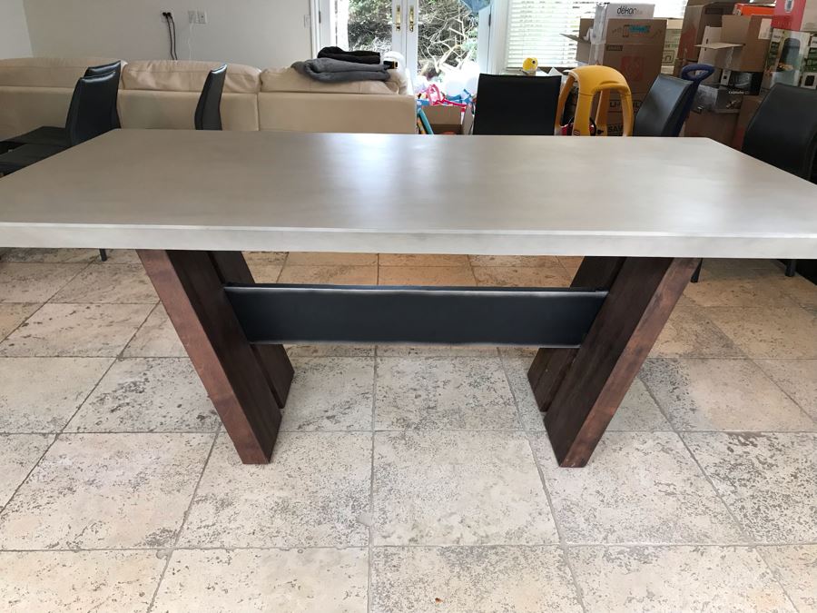 Bonham Dining Table For The Industrial Home Acutely Angled With Reclaimed French Oak Legs, Steel Stretcher And Smooth Grey Concrete Top With Beveled Edge 78W X 41D X 30H Retails $2,500 [Photo 19]