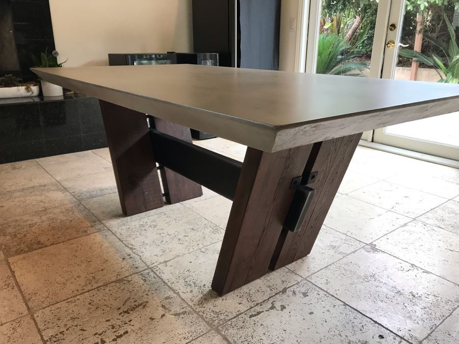 Bonham Dining Table For The Industrial Home Acutely Angled With Reclaimed French Oak Legs, Steel Stretcher And Smooth Grey Concrete Top With Beveled Edge 78W X 41D X 30H Retails $2,500 [Photo 14]