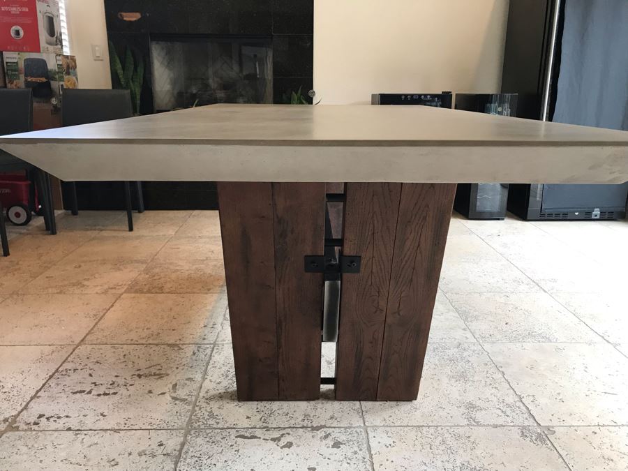 Bonham Dining Table For The Industrial Home Acutely Angled With Reclaimed French Oak Legs, Steel Stretcher And Smooth Grey Concrete Top With Beveled Edge 78W X 41D X 30H Retails $2,500 [Photo 18]