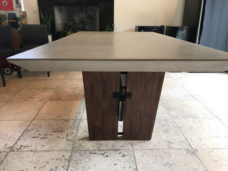 Bonham Dining Table For The Industrial Home Acutely Angled With Reclaimed French Oak Legs, Steel Stretcher And Smooth Grey Concrete Top With Beveled Edge 78W X 41D X 30H Retails $2,500 [Photo 15]