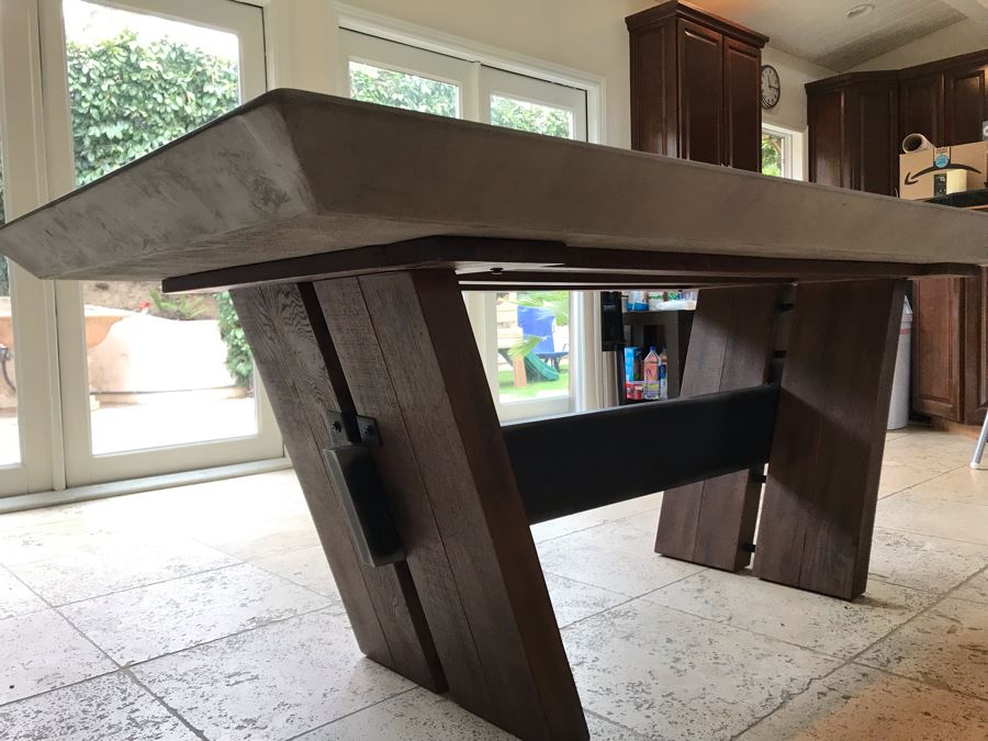 Bonham Dining Table For The Industrial Home Acutely Angled With Reclaimed French Oak Legs, Steel Stretcher And Smooth Grey Concrete Top With Beveled Edge 78W X 41D X 30H Retails $2,500 [Photo 8]