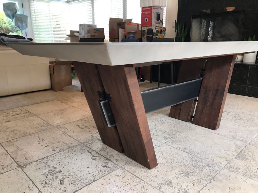 Bonham Dining Table For The Industrial Home Acutely Angled With Reclaimed French Oak Legs, Steel Stretcher And Smooth Grey Concrete Top With Beveled Edge 78W X 41D X 30H Retails $2,500 [Photo 20]