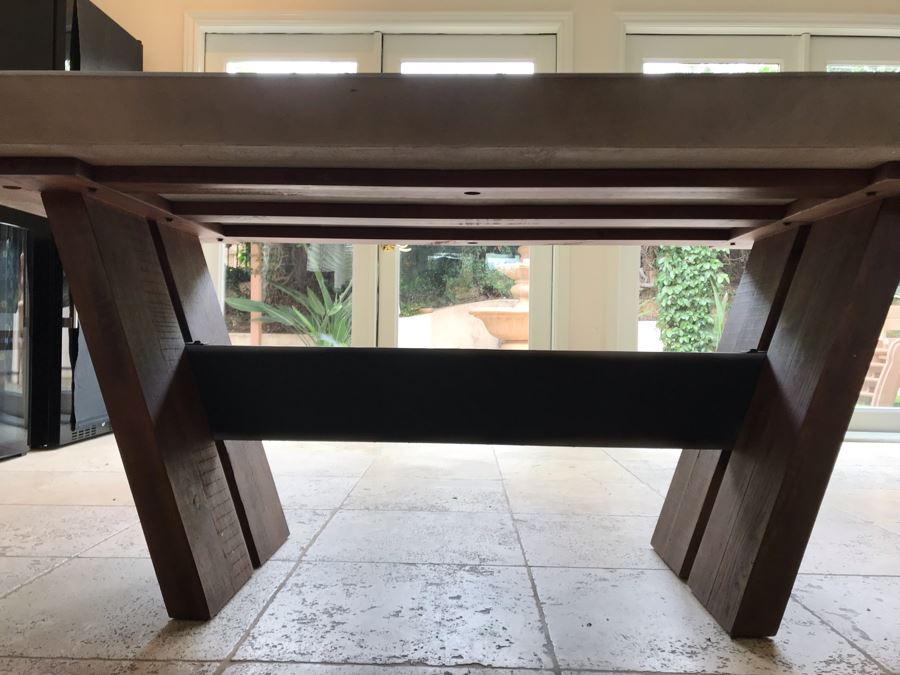 Bonham Dining Table For The Industrial Home Acutely Angled With Reclaimed French Oak Legs, Steel Stretcher And Smooth Grey Concrete Top With Beveled Edge 78W X 41D X 30H Retails $2,500 [Photo 7]