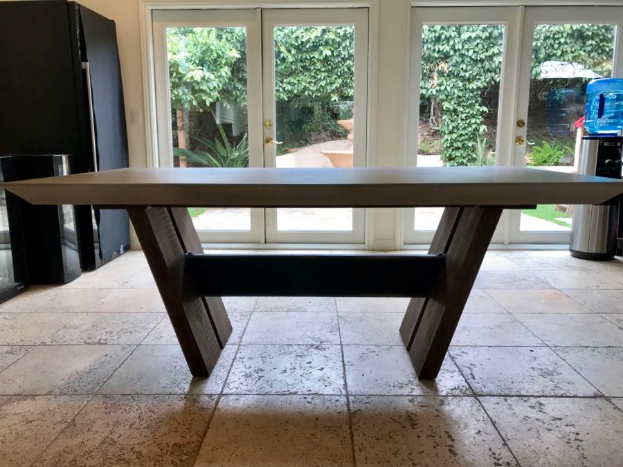 Bonham Dining Table For The Industrial Home Acutely Angled With Reclaimed French Oak Legs, Steel Stretcher And Smooth Grey Concrete Top With Beveled Edge 78W X 41D X 30H Retails $2,500 [Photo 5]