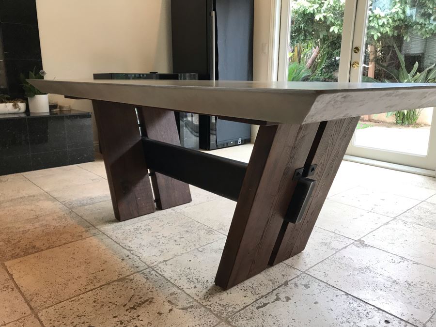 Bonham Dining Table For The Industrial Home Acutely Angled With Reclaimed French Oak Legs, Steel Stretcher And Smooth Grey Concrete Top With Beveled Edge 78W X 41D X 30H Retails $2,500 [Photo 10]