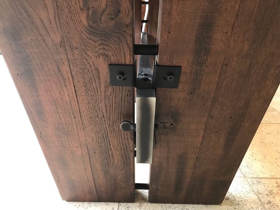 Bonham Dining Table For The Industrial Home Acutely Angled With Reclaimed French Oak Legs, Steel Stretcher And Smooth Grey Concrete Top With Beveled Edge 78W X 41D X 30H Retails $2,500 [Photo 25]